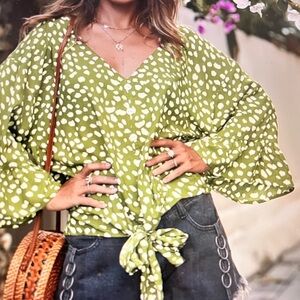 Boho Bell Sleeve Tied Hem Top/Blouse